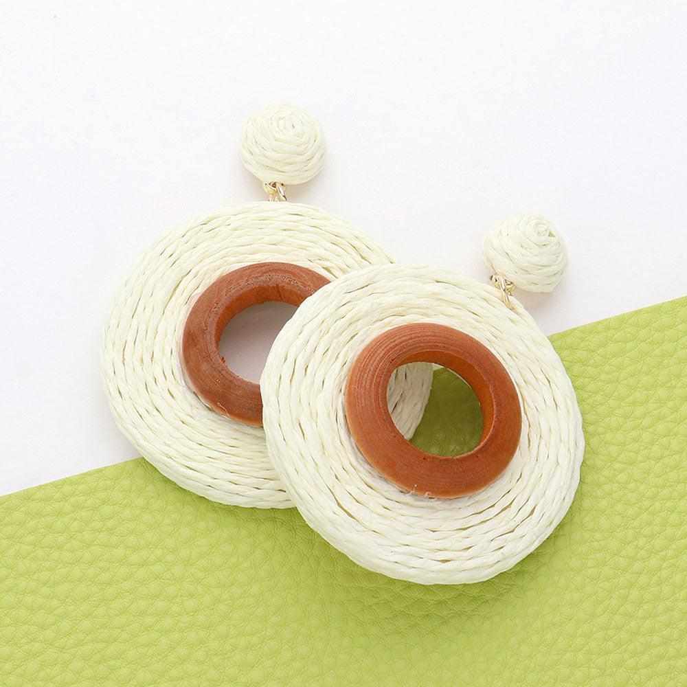 Cream Wood Ring Pointed Raffia Wrapped Ring Dangle Earrings - Jewelry Store by Erik Rayo