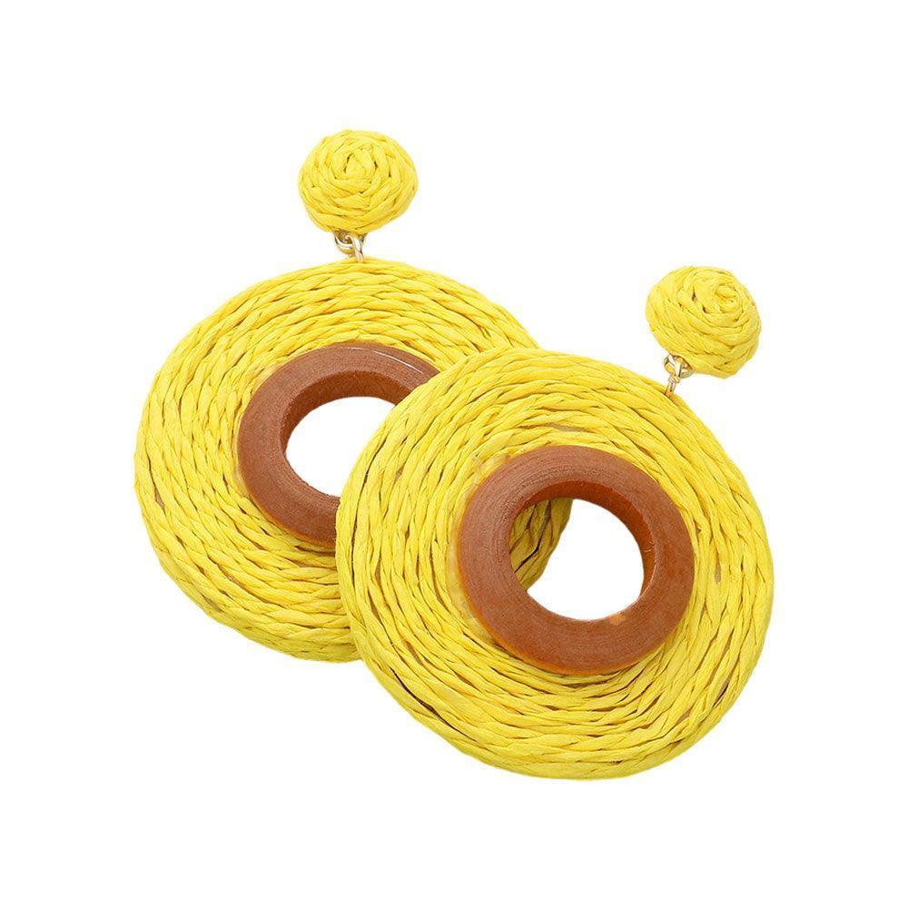 Yellow Wood Ring Pointed Raffia Wrapped Ring Dangle Earrings - Jewelry Store by Erik Rayo