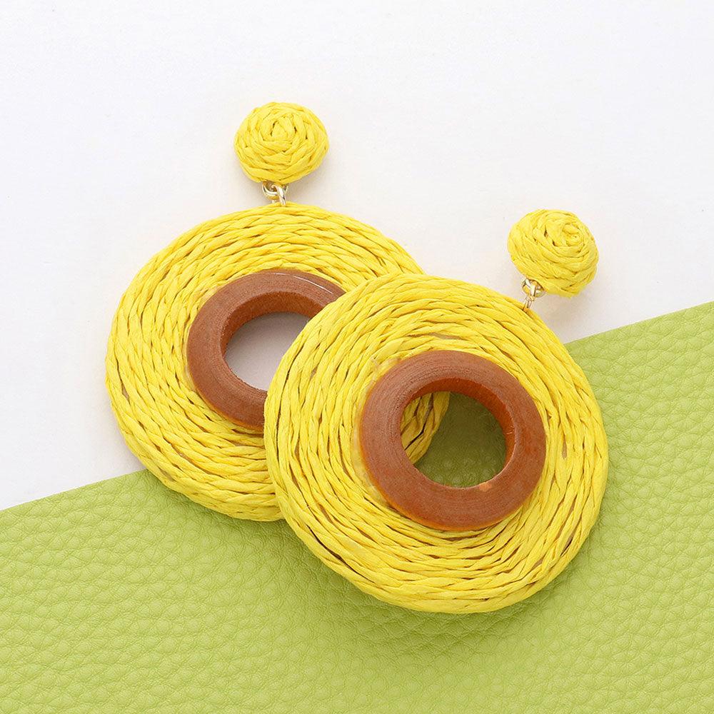 Yellow Wood Ring Pointed Raffia Wrapped Ring Dangle Earrings