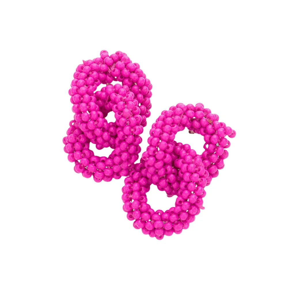 Fuchsia Seed Beaded Double Open Circle Link Dangle Earrings - Jewelry Store by Erik Rayo