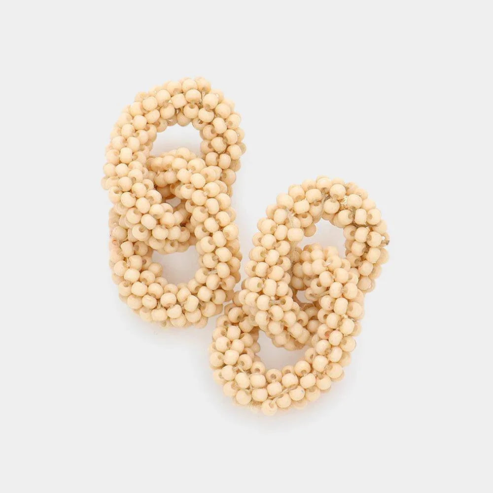 Beige Seed Beaded Double Open Circle Link Dangle Earrings - Jewelry Store by Erik Rayo