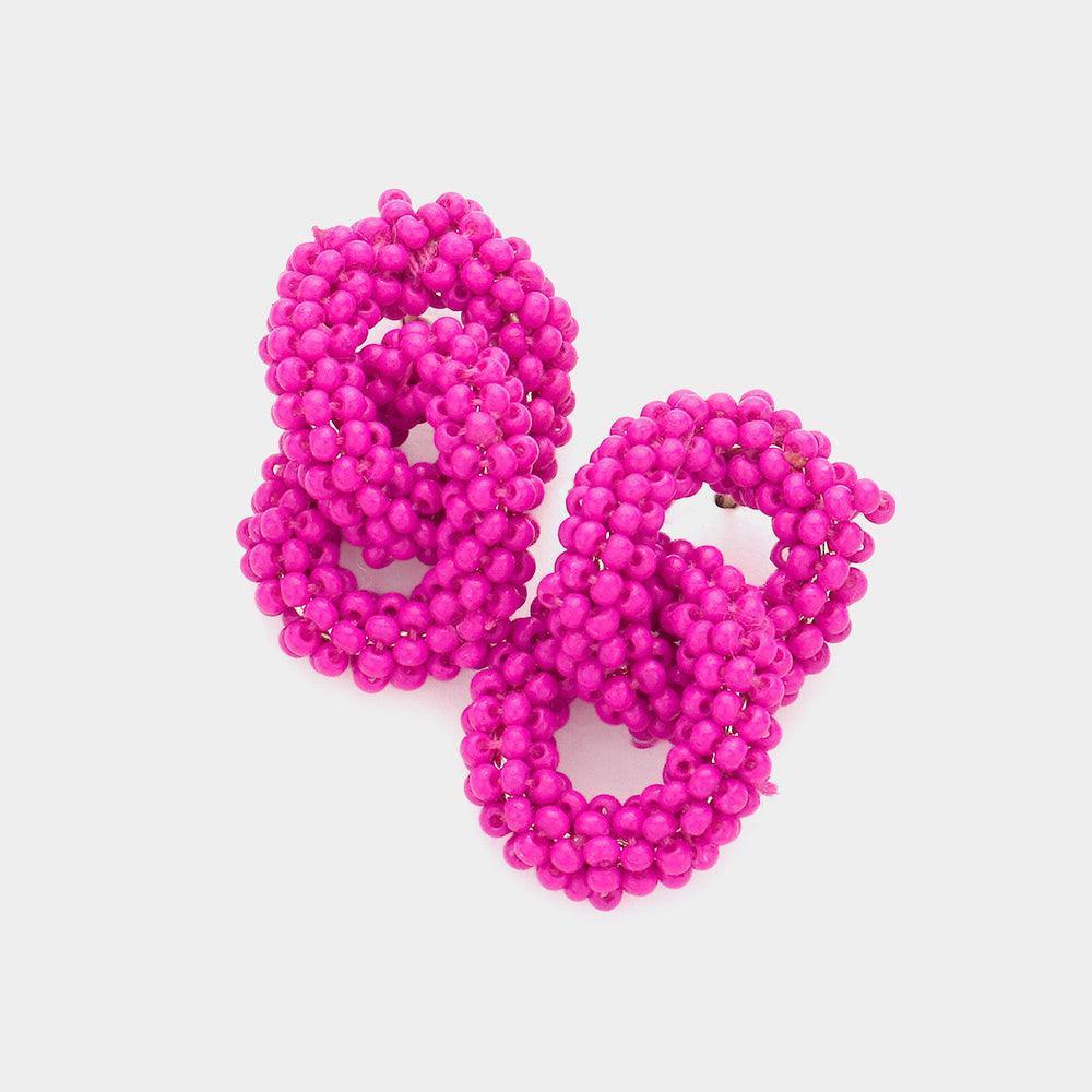 Fuchsia Seed Beaded Double Open Circle Link Dangle Earrings - Jewelry Store by Erik Rayo