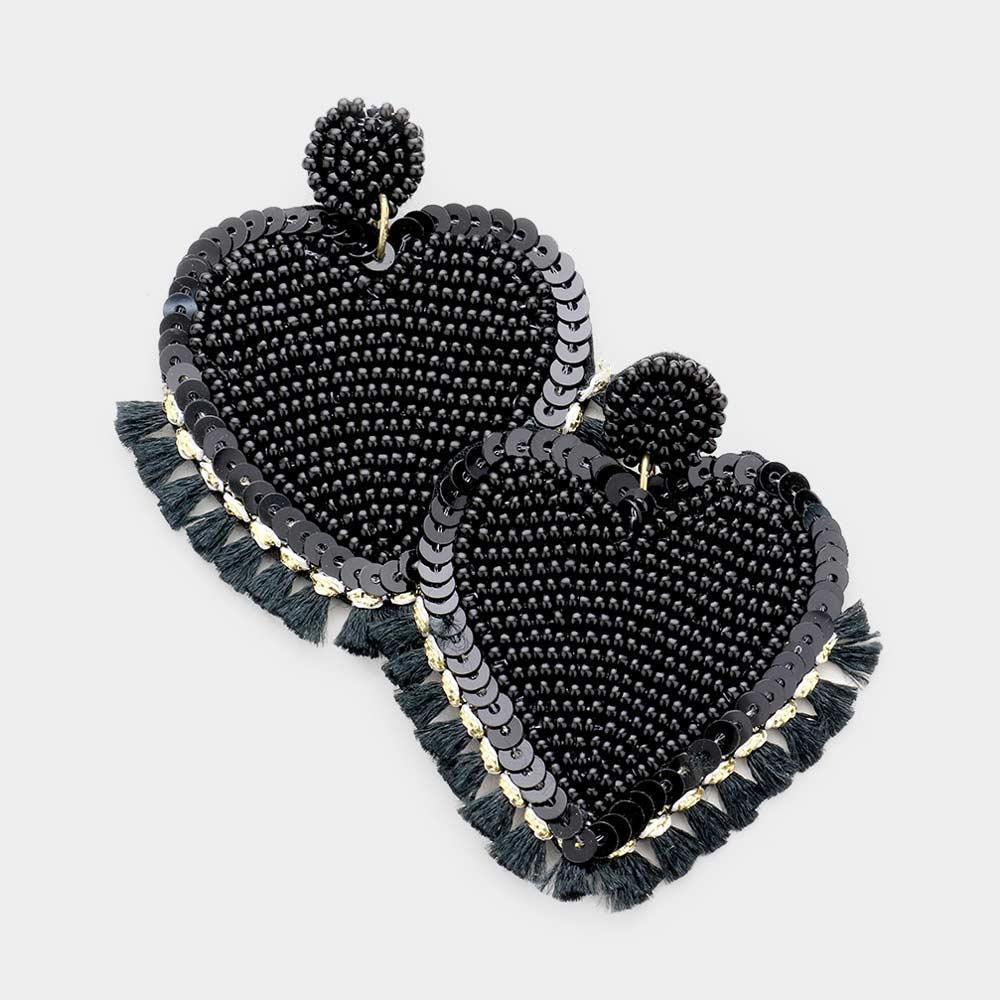 Gold Seed Bead Heart Tassel Trim Earrings - Jewelry Store by Erik Rayo