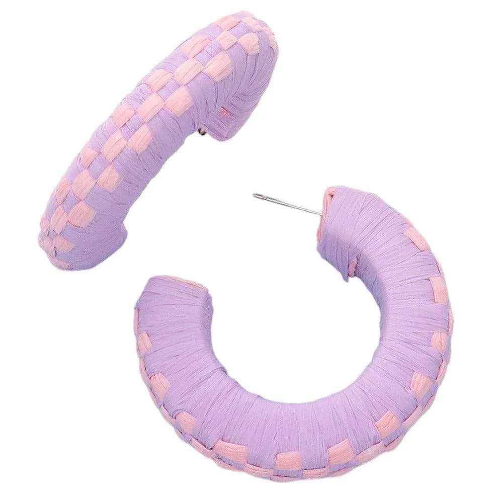 Lavender Raffia Wrapped Checkerboard Pattern Hoop Earrings - Jewelry Store by Erik Rayo