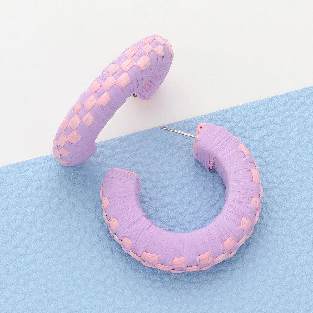 Lavender Raffia Wrapped Checkerboard Pattern Hoop Earrings - Jewelry Store by Erik Rayo