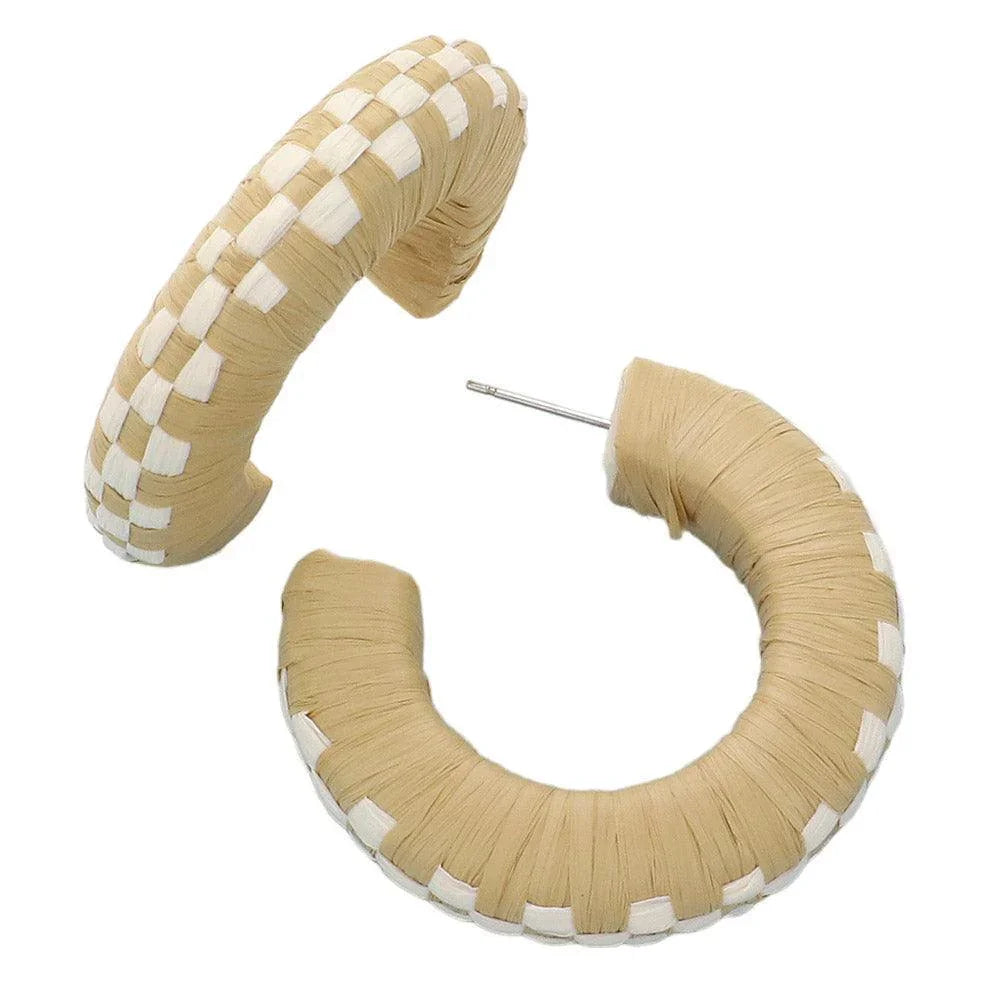 Brown Raffia Wrapped Checkerboard Pattern Hoop Earrings - Jewelry Store by Erik Rayo