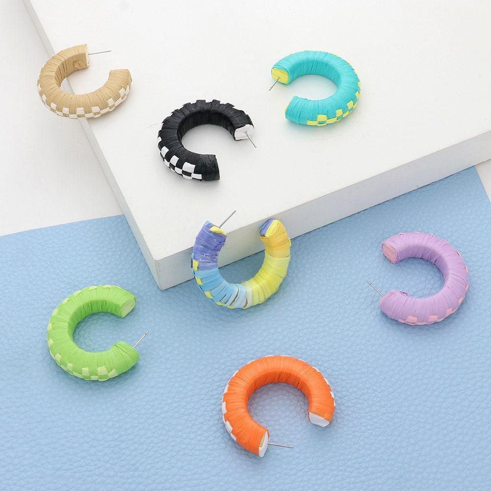 Brown Raffia Wrapped Checkerboard Pattern Hoop Earrings - Jewelry Store by Erik Rayo