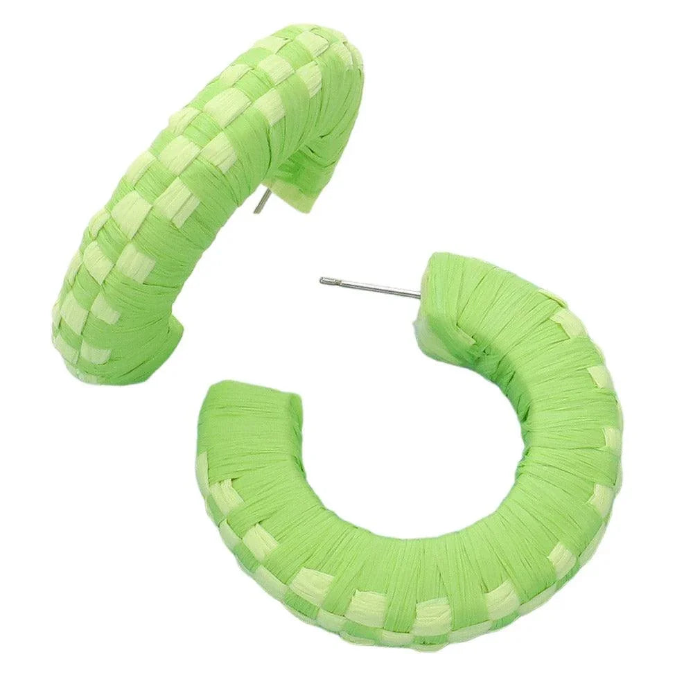 Raffia Wrapped Checkerboard Pattern Hoop Earrings - Jewelry Store by Erik Rayo