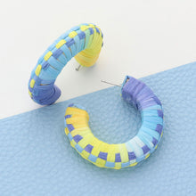 Load image into Gallery viewer, Raffia Wrapped Checkerboard Pattern Hoop Earrings
