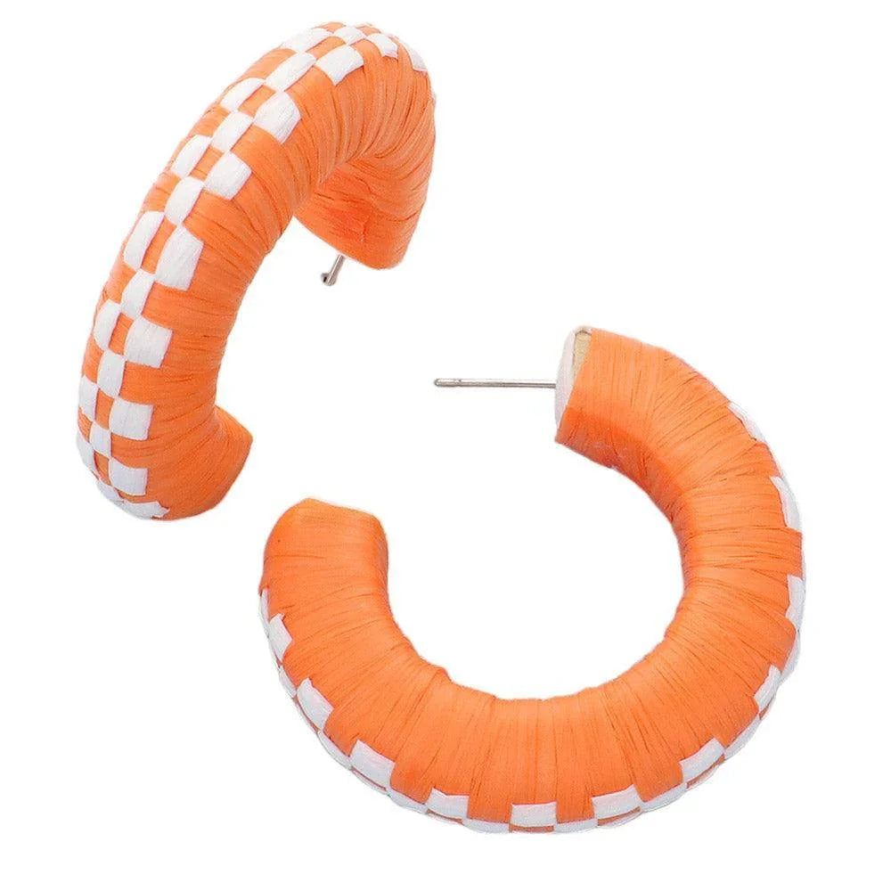 Raffia Wrapped Checkerboard Pattern Hoop Earrings - Jewelry Store by Erik Rayo