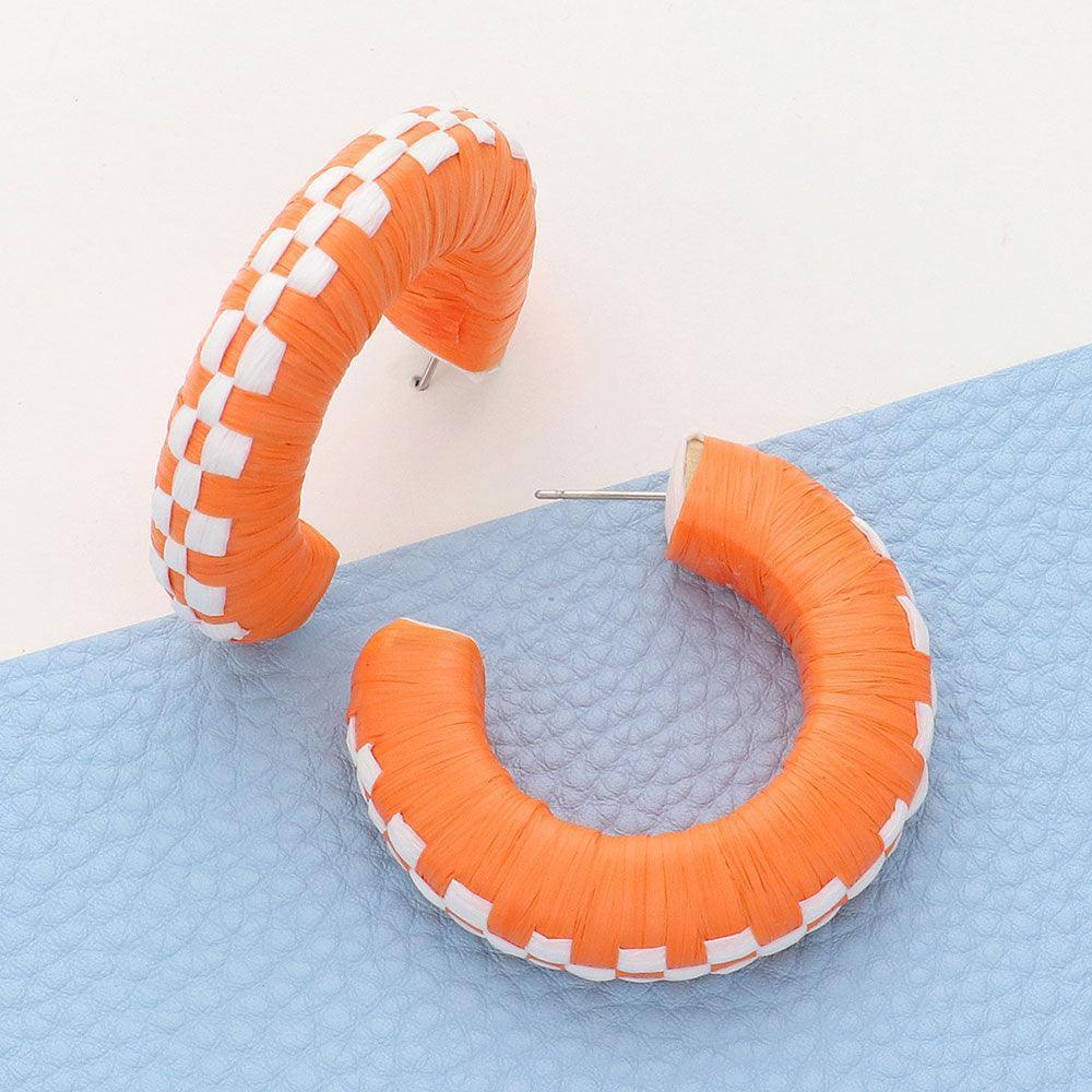 Raffia Wrapped Checkerboard Pattern Hoop Earrings - Jewelry Store by Erik Rayo