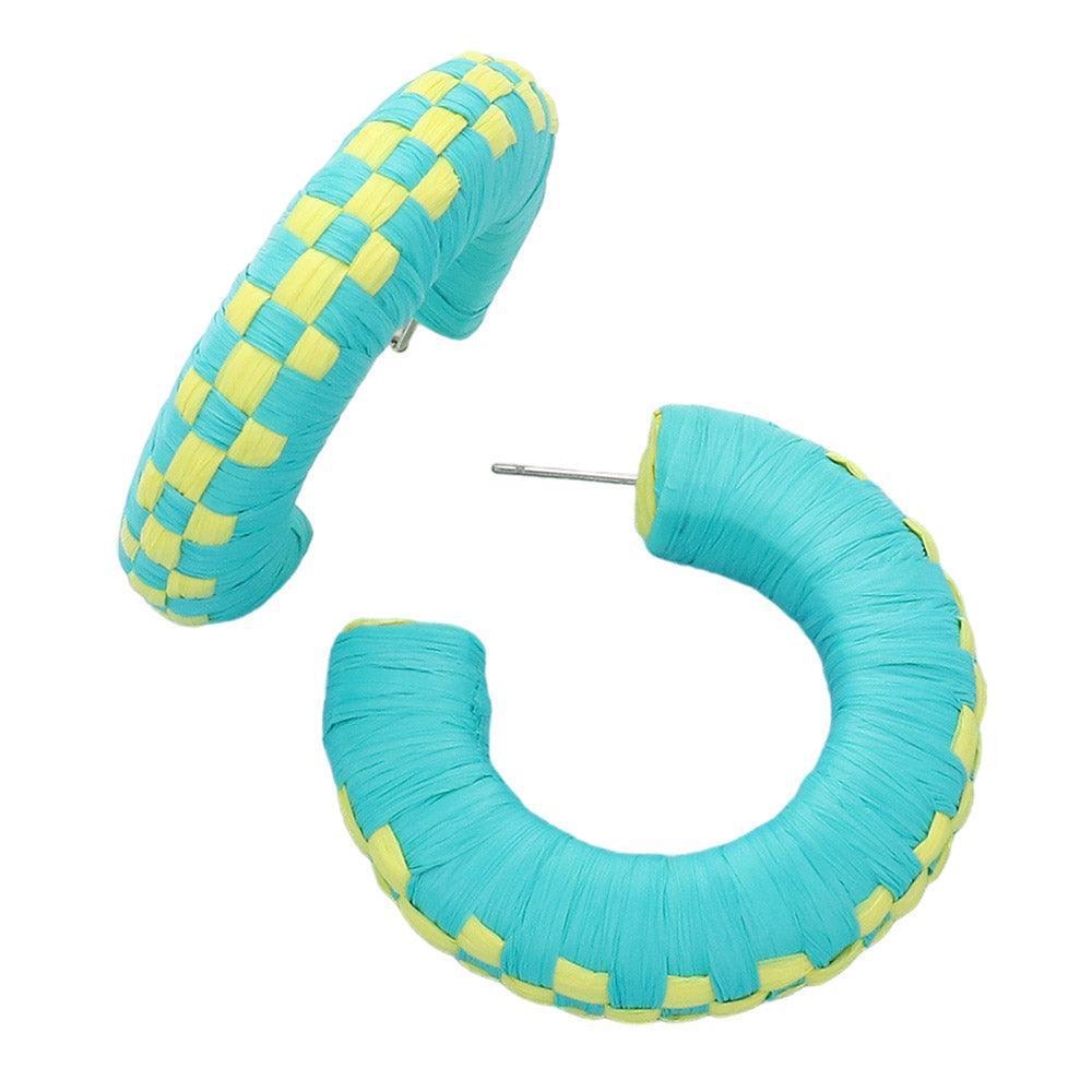Turquoise Raffia Wrapped Checkerboard Pattern Hoop Earrings - Jewelry Store by Erik Rayo