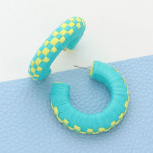 Load image into Gallery viewer, Turquoise Raffia Wrapped Checkerboard Pattern Hoop Earrings
