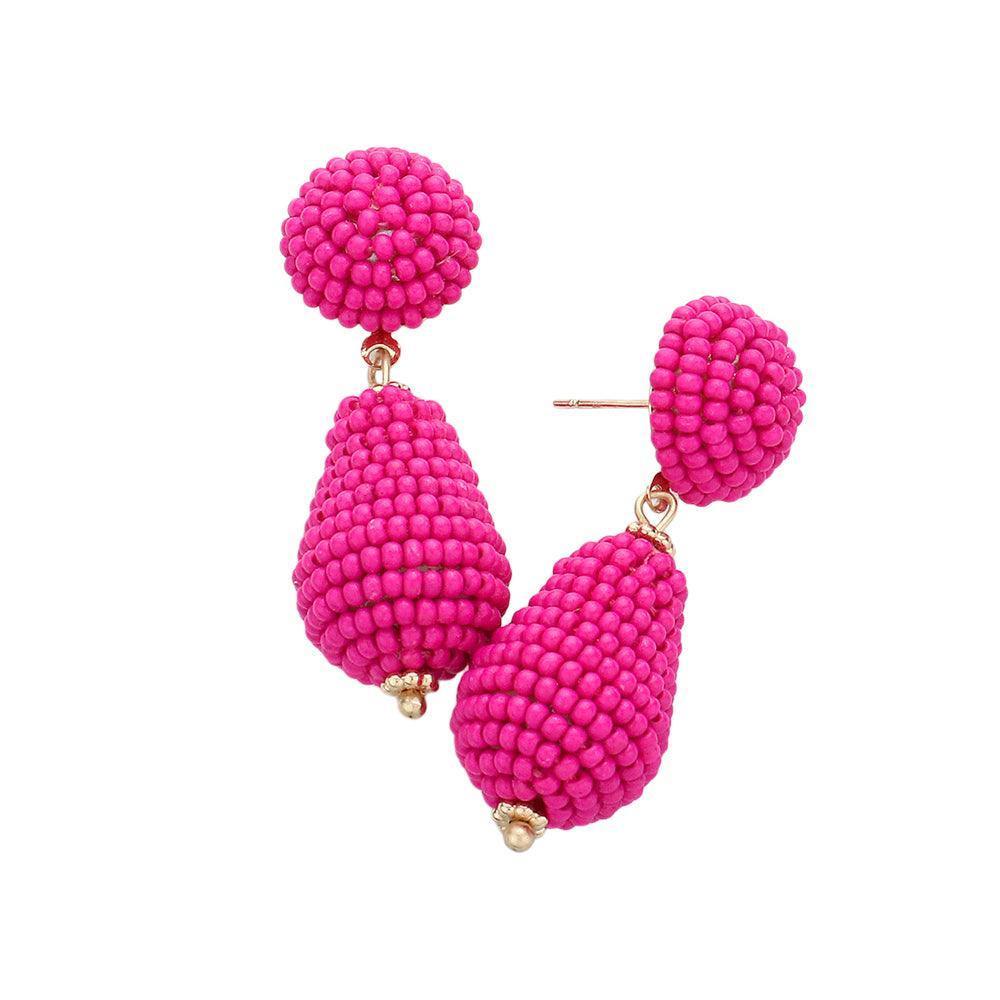 Fuchsia Seed Beaded Teardrop Dangle Earrings - Jewelry Store by Erik Rayo