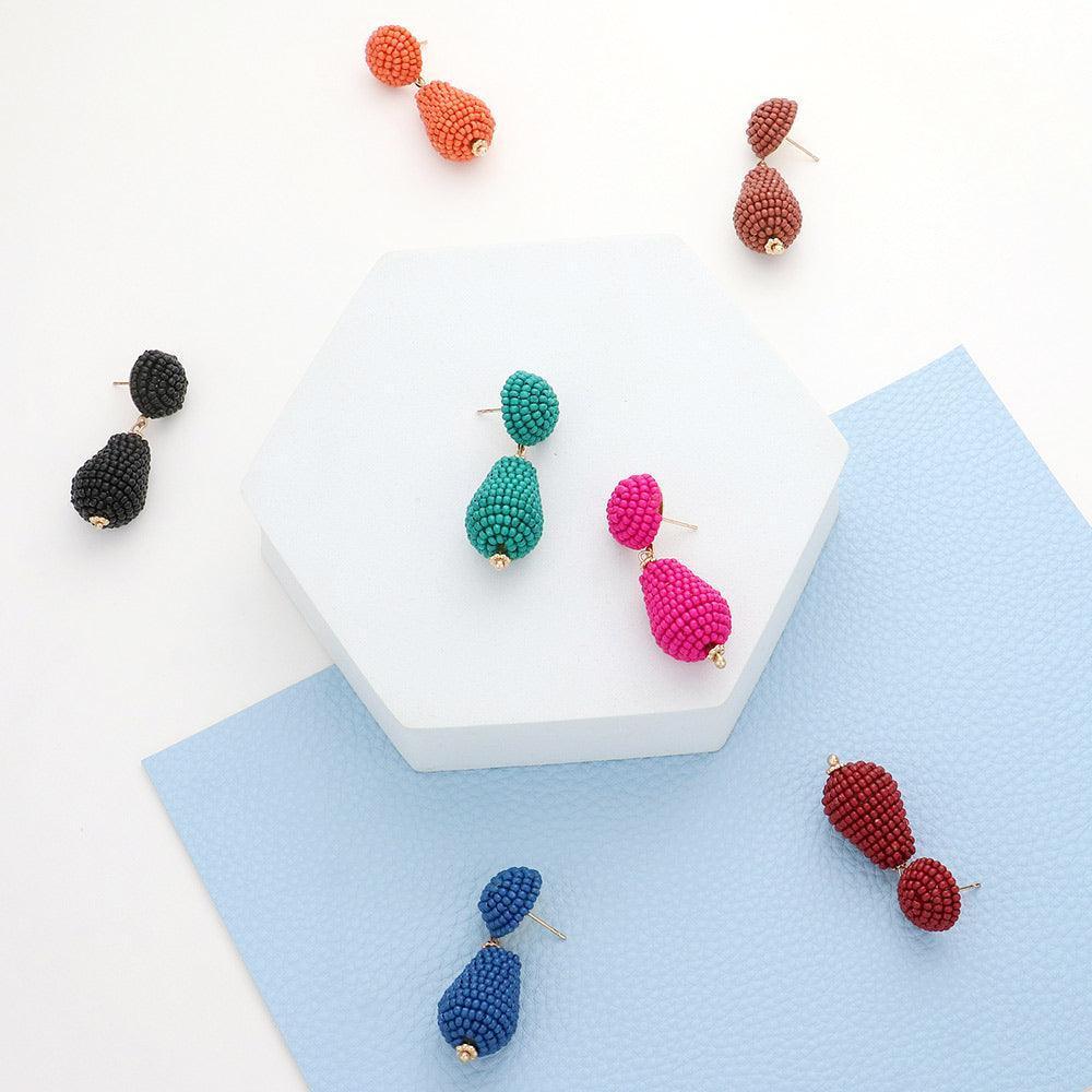 Fuchsia Seed Beaded Teardrop Dangle Earrings - Jewelry Store by Erik Rayo