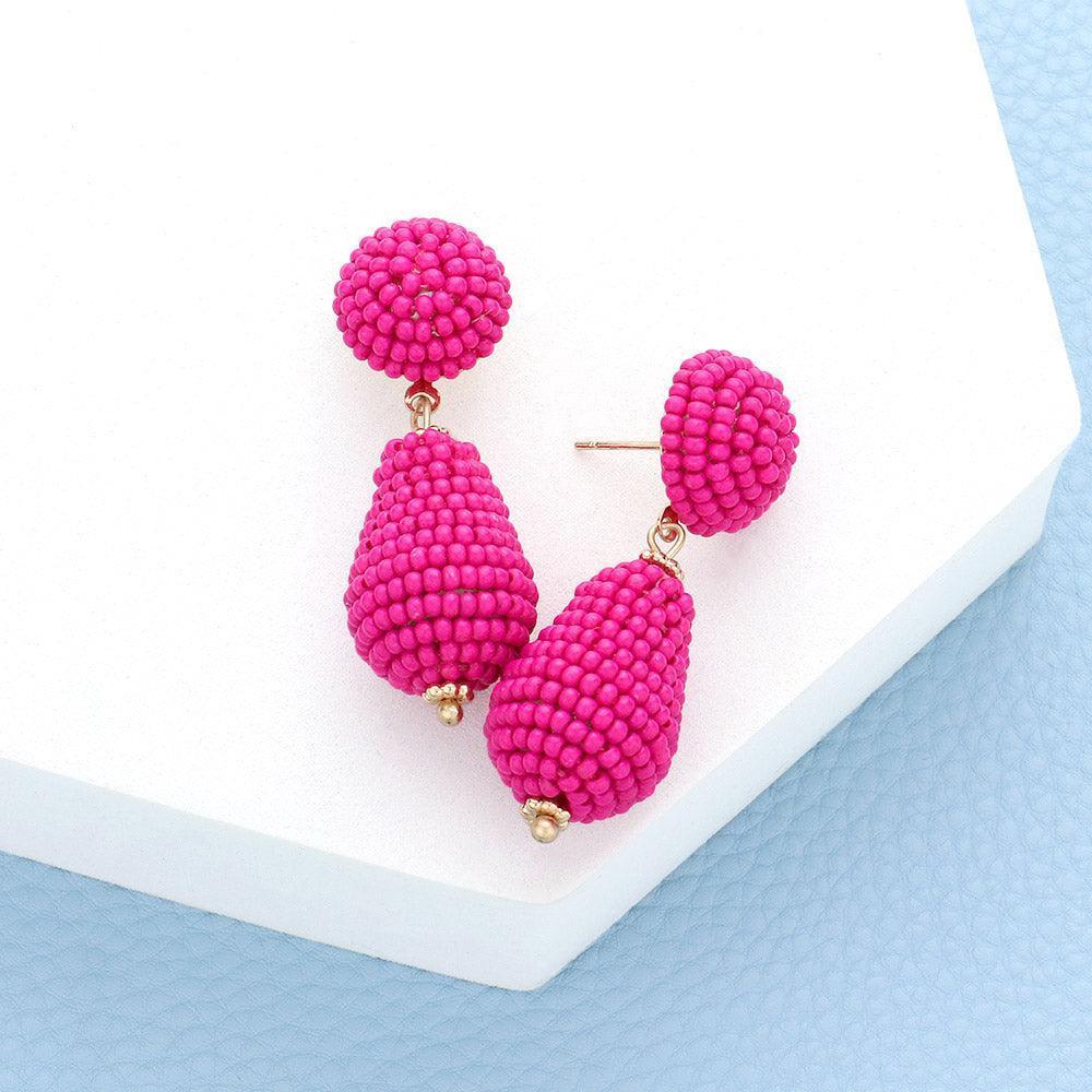Fuchsia Seed Beaded Teardrop Dangle Earrings - Jewelry Store by Erik Rayo