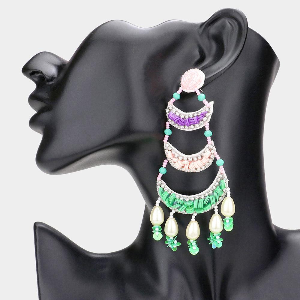 Faux Leather Back Pearl Sequin Beaded Chandelier Dangle Earrings