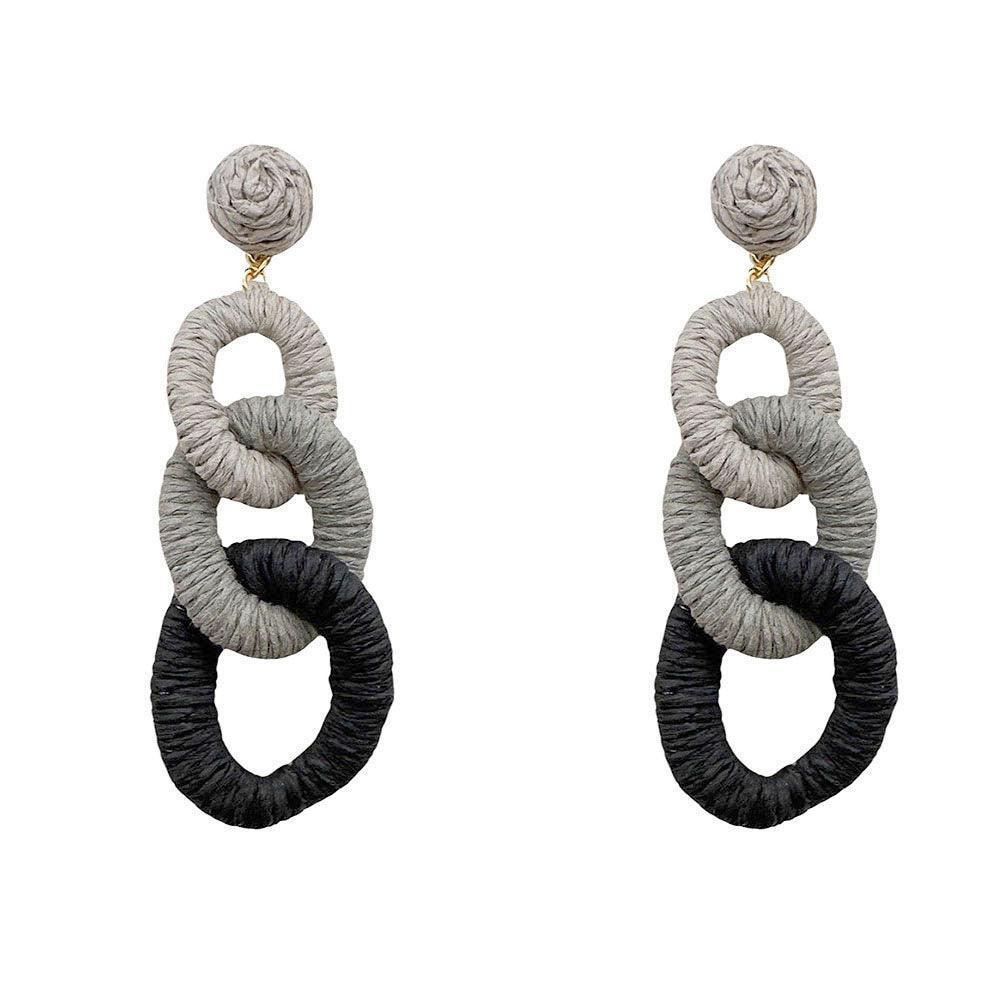 Black Raffia Wrapped Triple Oval Link Dropdown Earrings - Jewelry Store by Erik Rayo