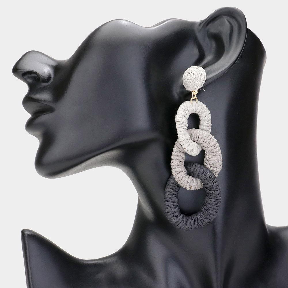 Black Raffia Wrapped Triple Oval Link Dropdown Earrings - Jewelry Store by Erik Rayo