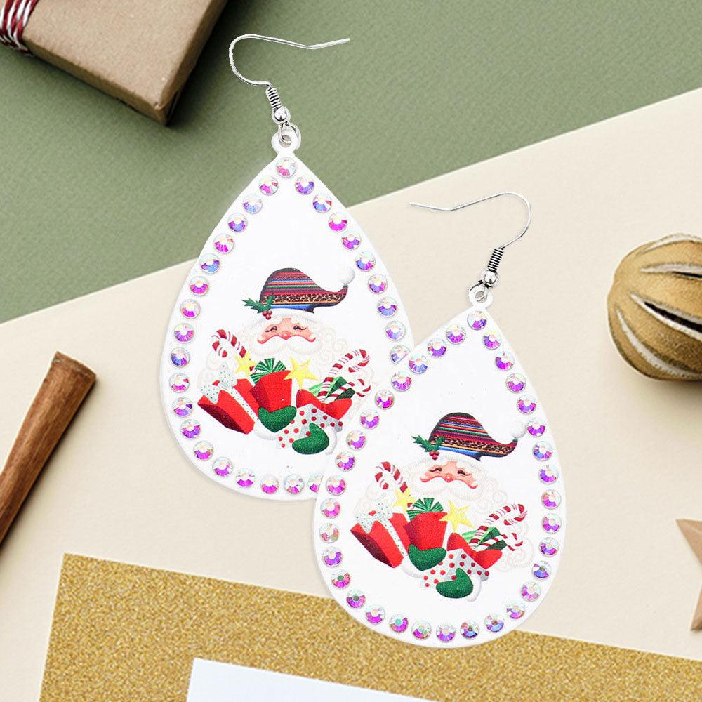 White Stone Trim Santa Claus Xmas Gift Serape Print Metal Teardrop Dangle Earrings