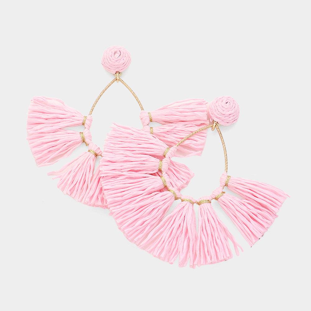 Pink Raffia Fringe Fan Dangle Earrings