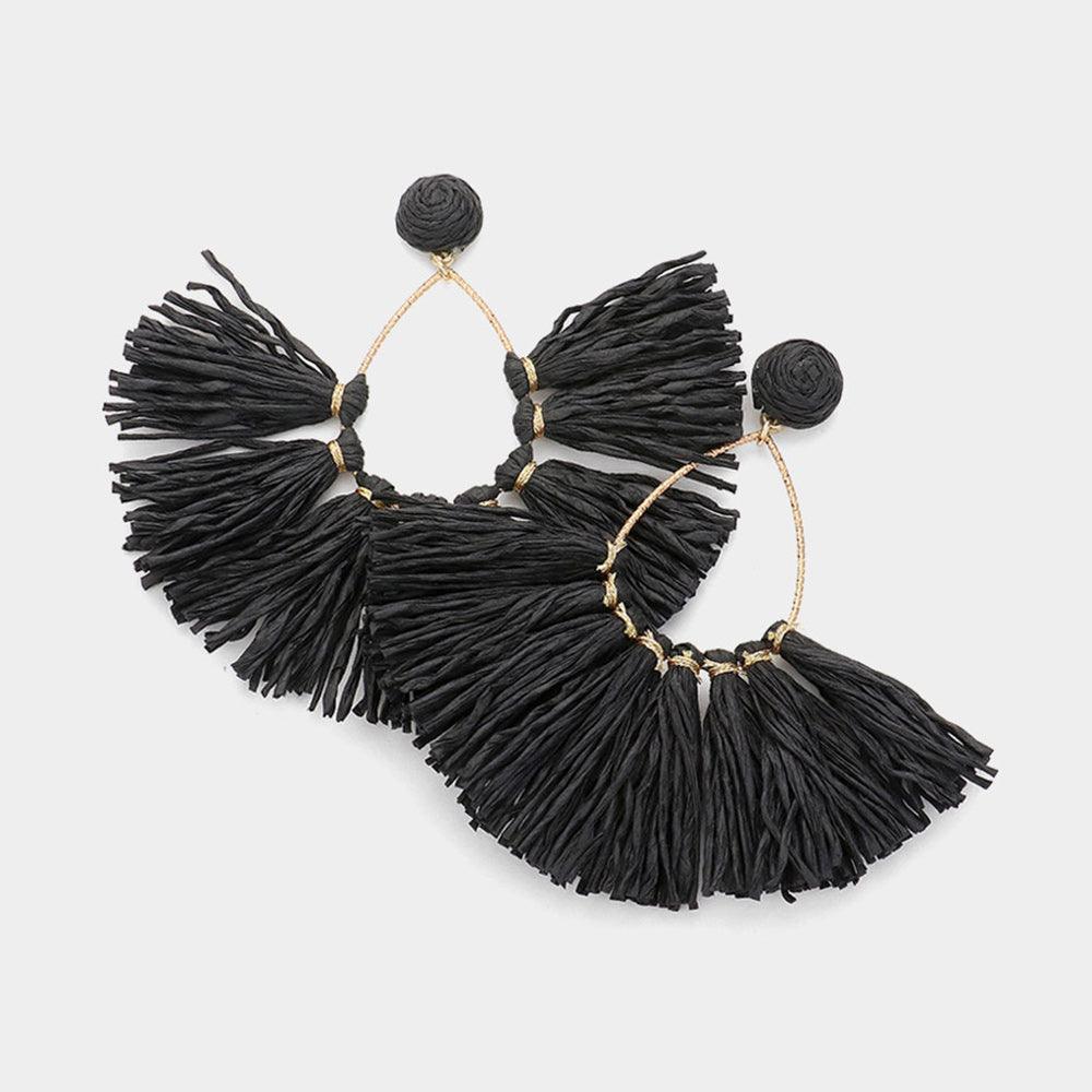 Black Raffia Fringe Fan Dangle Earrings - Jewelry Store by Erik Rayo