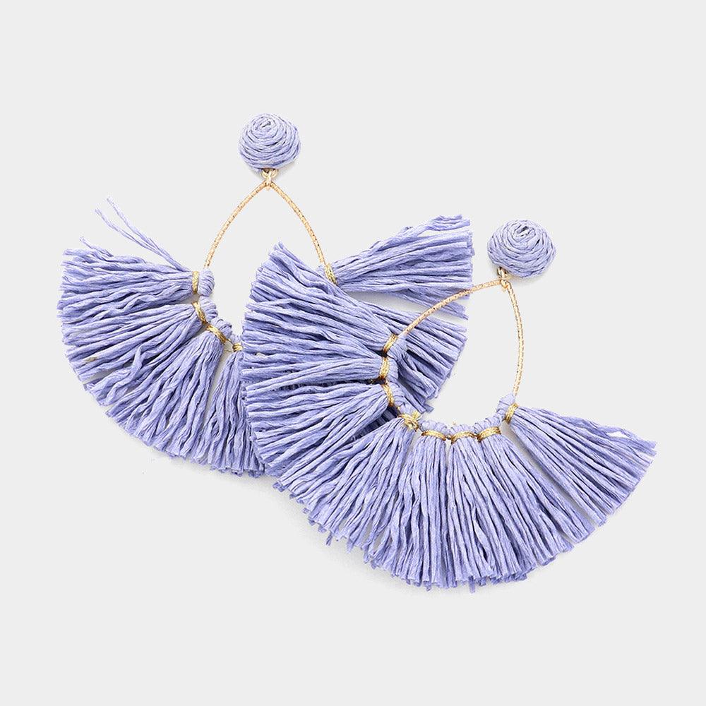 Blue Raffia Fringe Fan Dangle Earrings