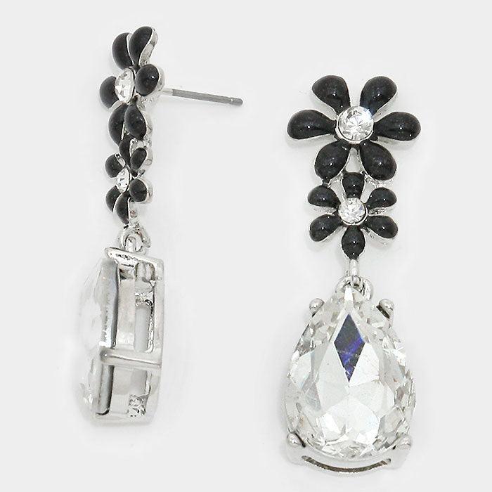 Clear Flower & crystal teardrop earrings