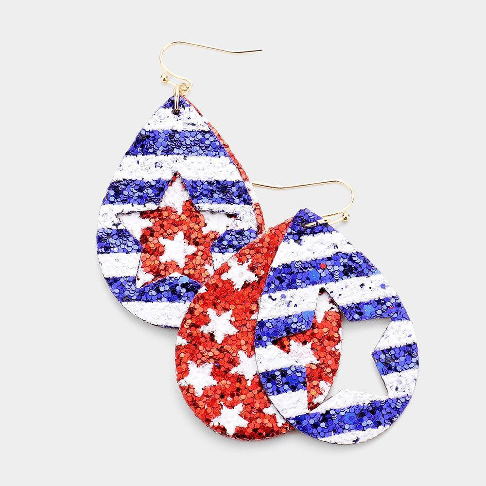 Blue Glitter Star American USA Flag Double Layered Teardrop Earrings - Jewelry Store by Erik Rayo