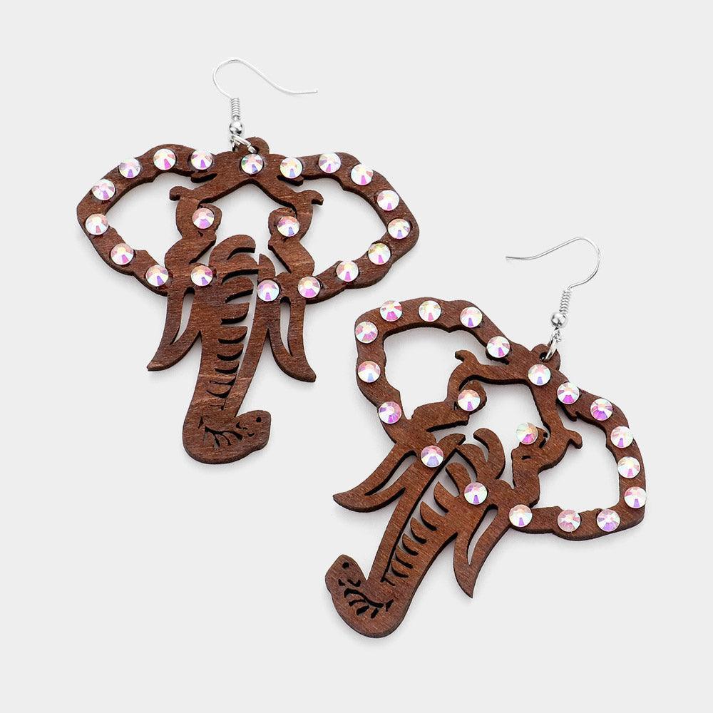 Brown Round Stone Embellished Wood Elephant Dangle Earrings - Jewelry Store by Erik Rayo