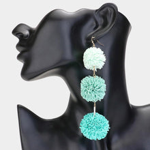 Load image into Gallery viewer, Turquoise Raffia Pom Pom Link Dropdown Earrings
