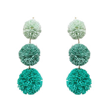 Load image into Gallery viewer, Turquoise Raffia Pom Pom Link Dropdown Earrings
