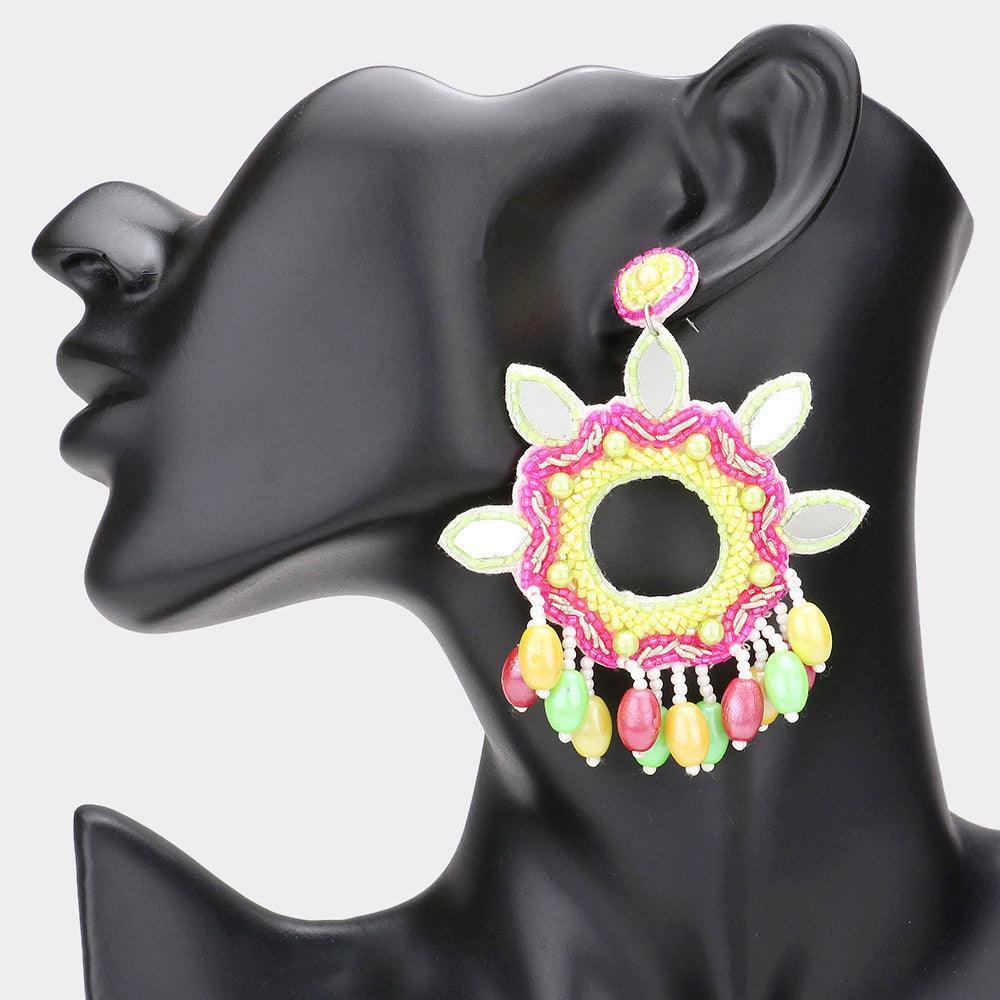 Faux Leather Back Mirror Multi Beaded Flower Dangle Earrings - Jewelry Store by Erik Rayo