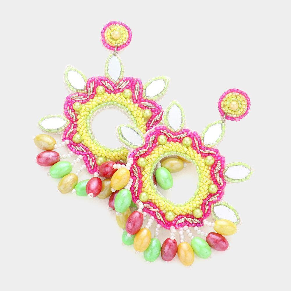 Faux Leather Back Mirror Multi Beaded Flower Dangle Earrings - Jewelry Store by Erik Rayo
