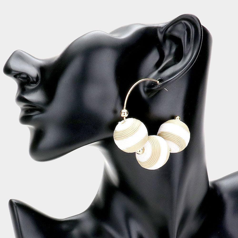 Beige Two Tone Thread Wrapped Triple Ball Metal Half Hoop Earrings - Jewelry Store by Erik Rayo