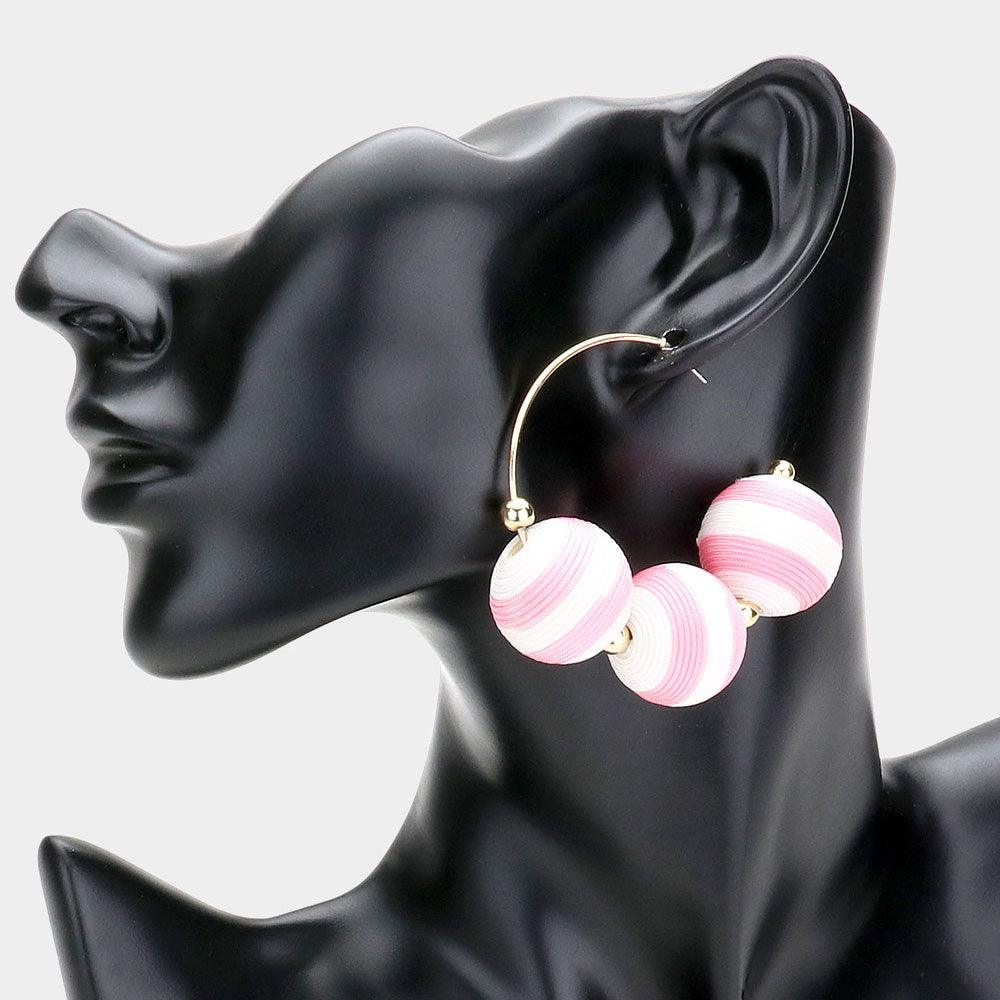 Pink Two Tone Thread Wrapped Triple Ball Metal Half Hoop Earrings