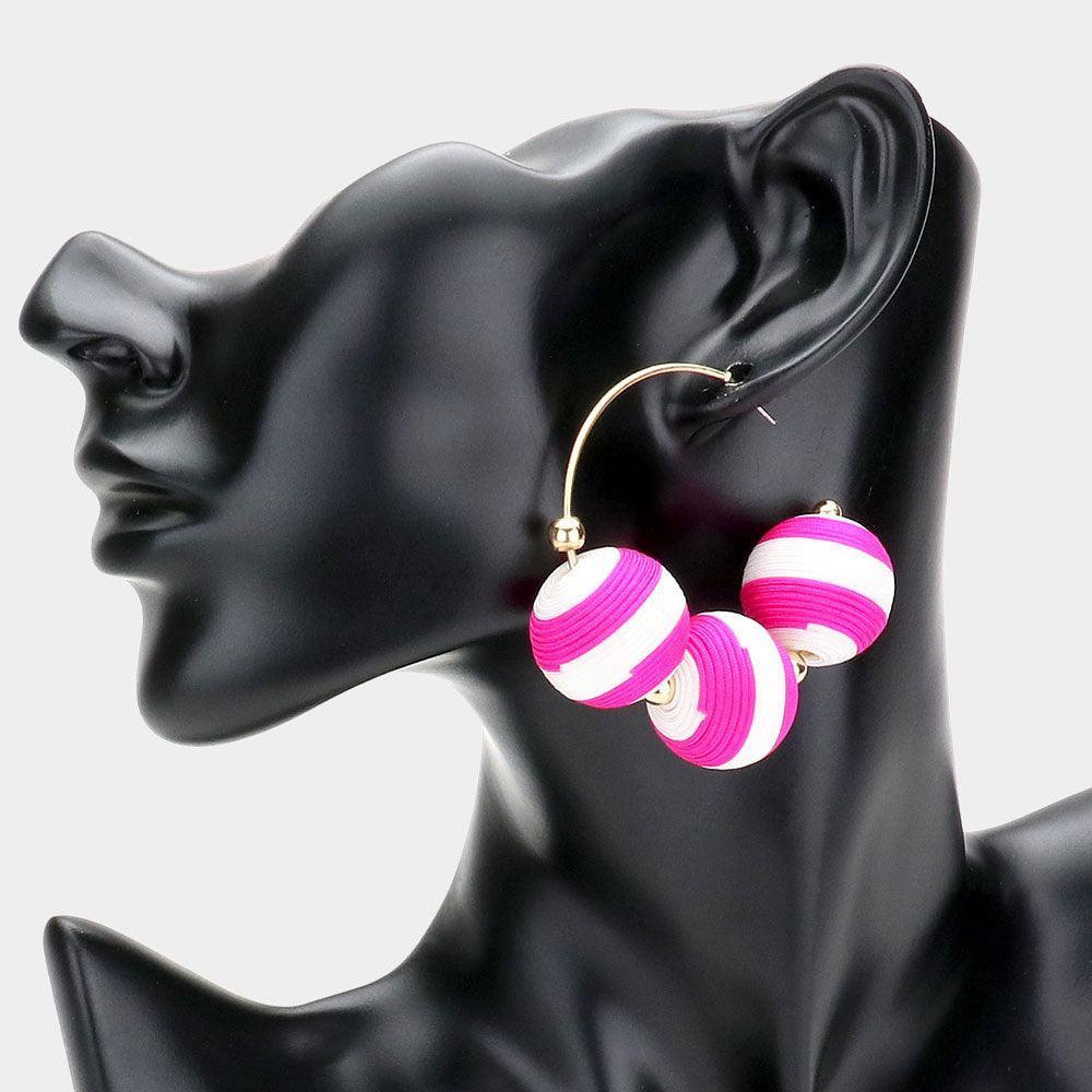 Fuchsia Two Tone Thread Wrapped Triple Ball Metal Half Hoop Earrings - Jewelry Store by Erik Rayo
