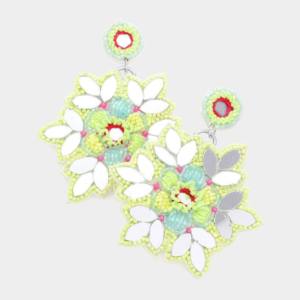 Faux Leather Back Mirror Beaded Floral Dangle Earrings - Jewelry Store by Erik Rayo