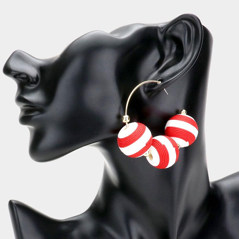 Red Two Tone Thread Wrapped Triple Ball Metal Half Hoop Earrings