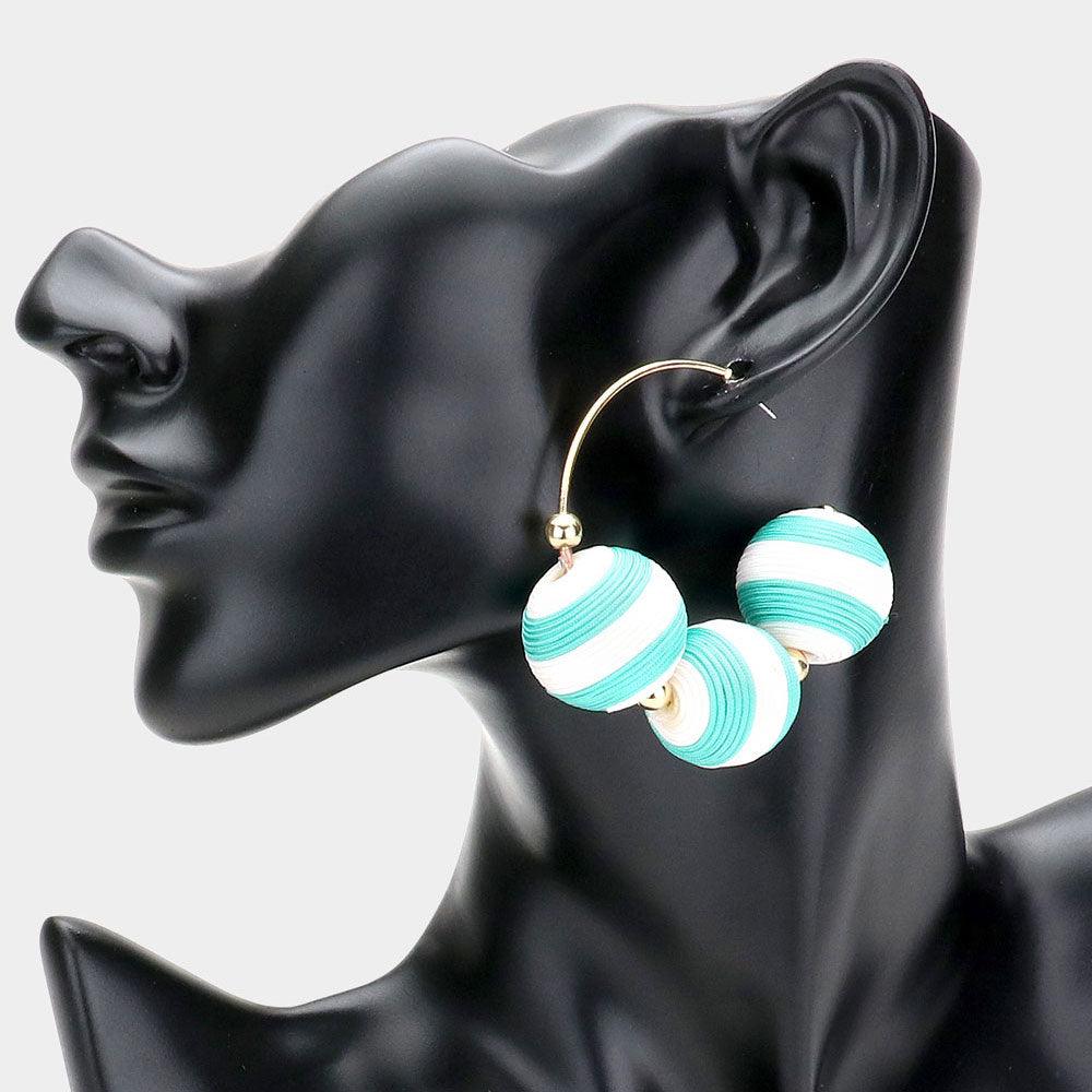 Turquoise Two Tone Thread Wrapped Triple Ball Metal Half Hoop Earrings