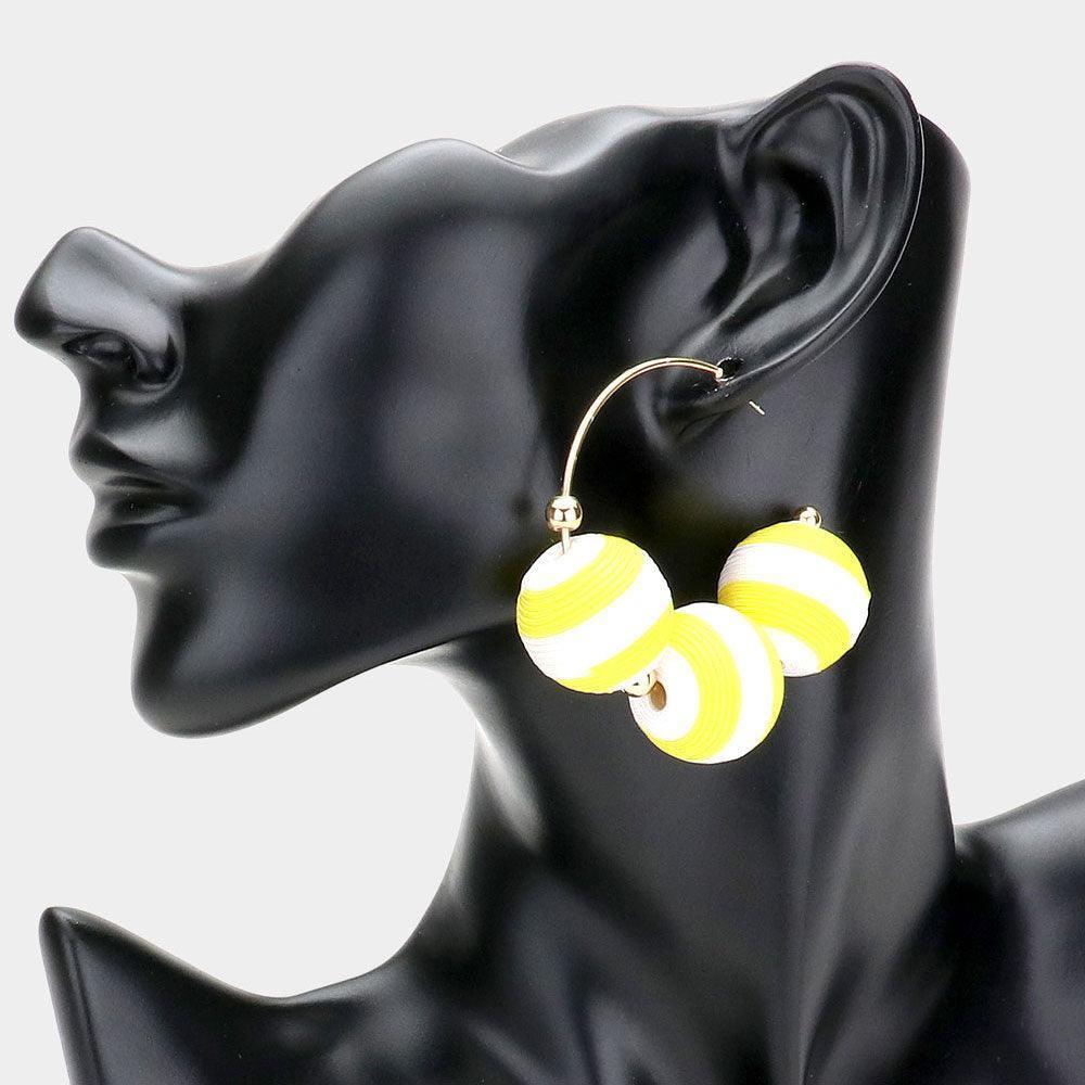 Yellow Two Tone Thread Wrapped Triple Ball Metal Half Hoop Earrings - Jewelry Store by Erik Rayo