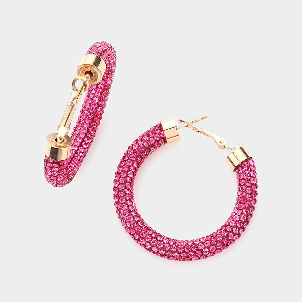 Pink Rhinestone Pave Hoop Earrings