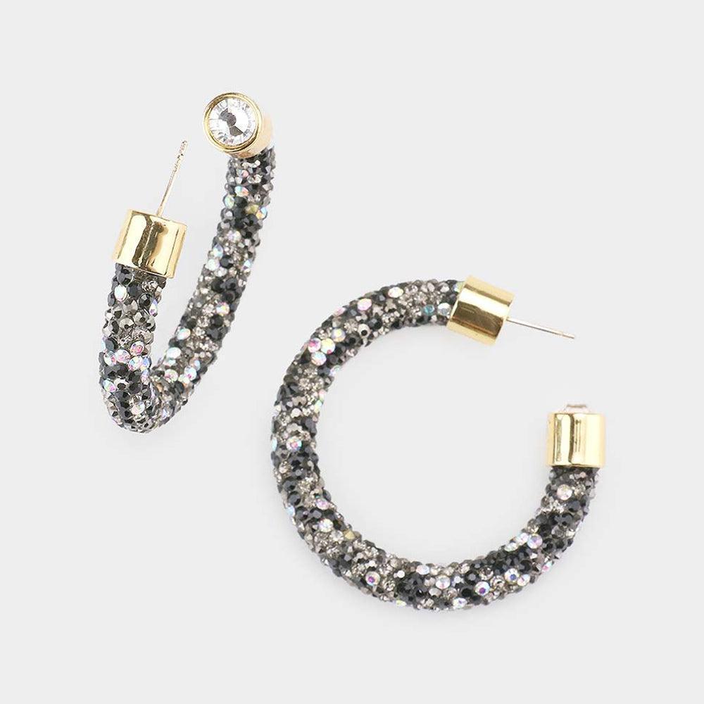 Black Clear Stone Detail Rhinestone Pave Half Hoop Earrings - Jewelry Store by Erik Rayo