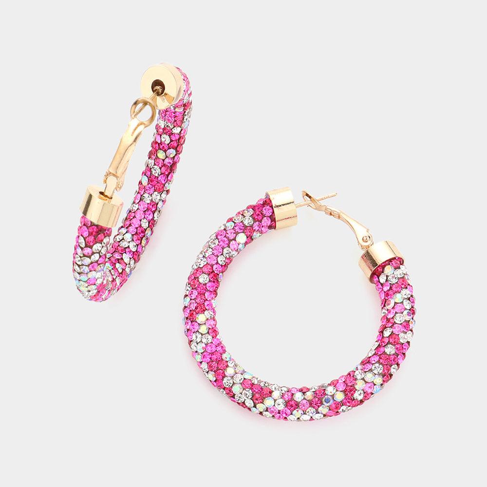 Pink Rhinestone Pave Hoop Earrings