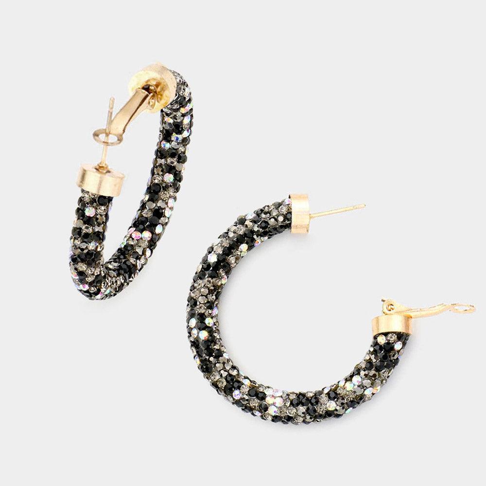 Black Clear Stone Detail Rhinestone Pave Half Hoop Earrings - Jewelry Store by Erik Rayo