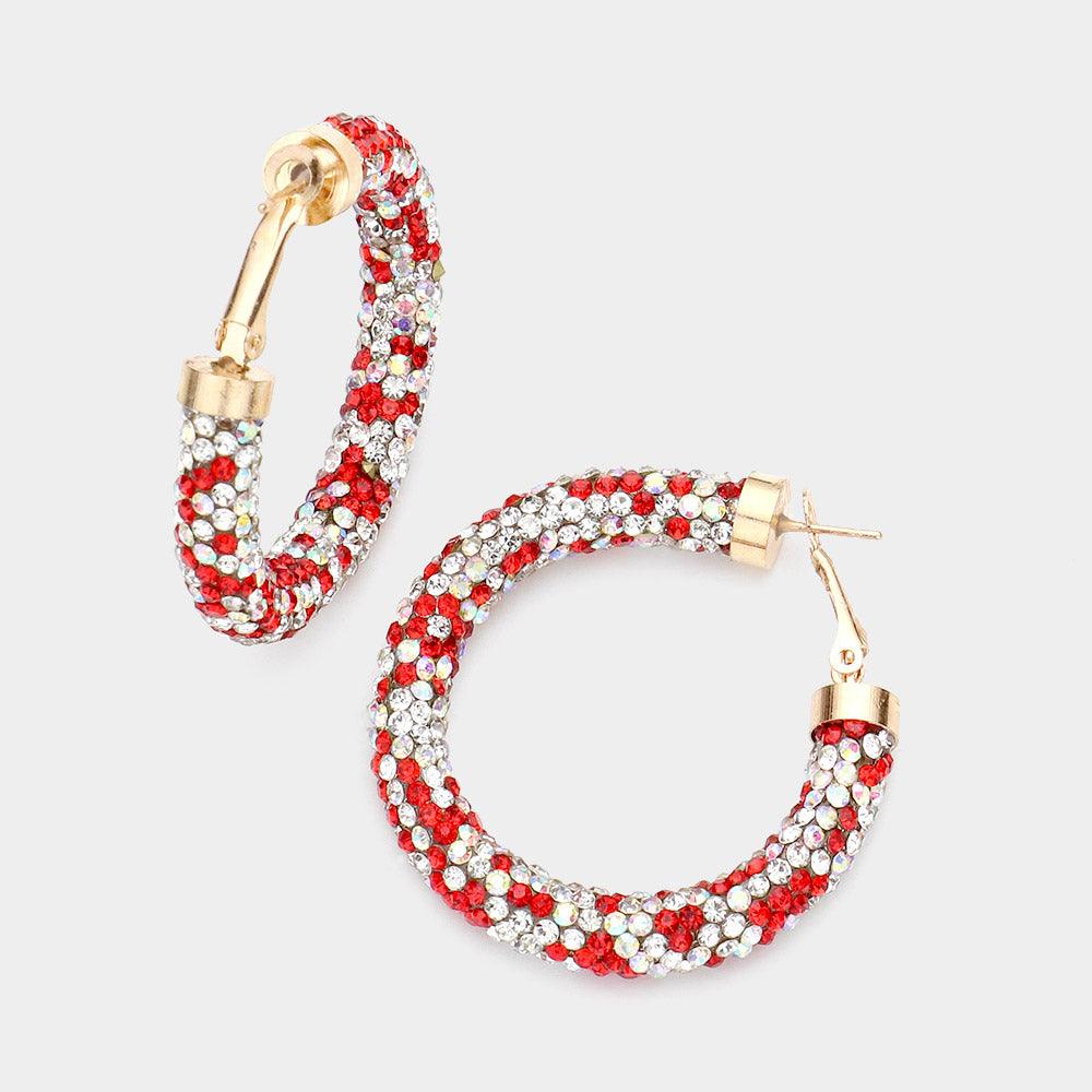 Red Rhinestone Pave Hoop Earrings