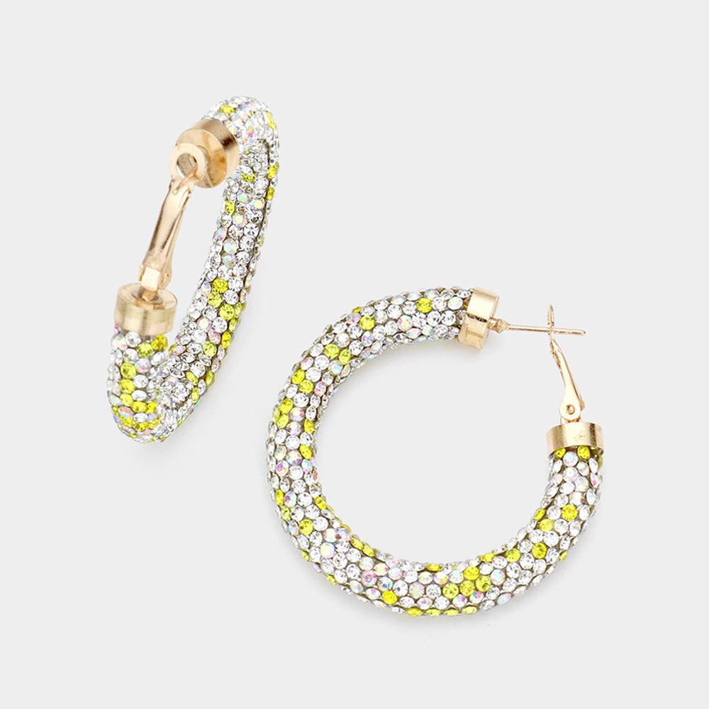 Yellow Rhinestone Pave Hoop Earrings