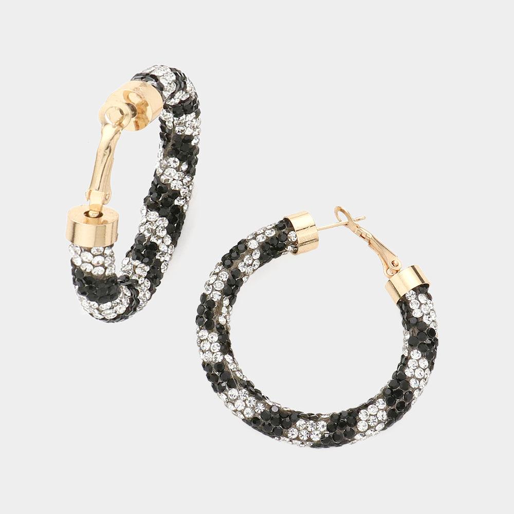 White Clear Stone Detail Rhinestone Pave Half Hoop Earrings