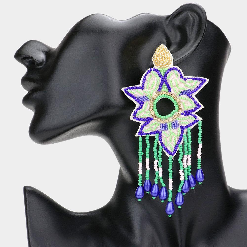 Blue Faux Leather Back Boho Seed Beaded Dangle Earrings - Jewelry Store by Erik Rayo