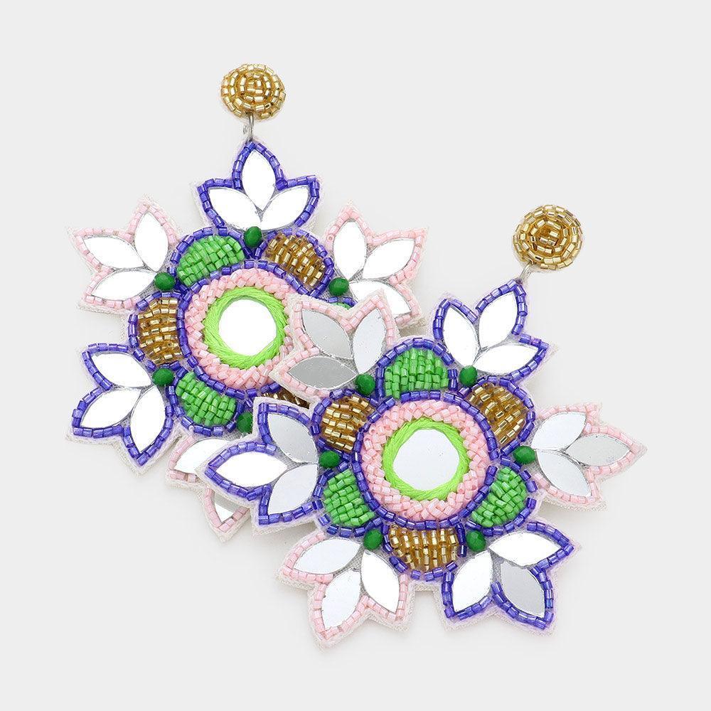 Faux Leather Back Mirror Beaded Floral Dangle Earrings - Jewelry Store by Erik Rayo